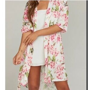 Show Me Your MuMu Robe OS Silky Floral Print Pink White Tie Sash Luxurious Girly
